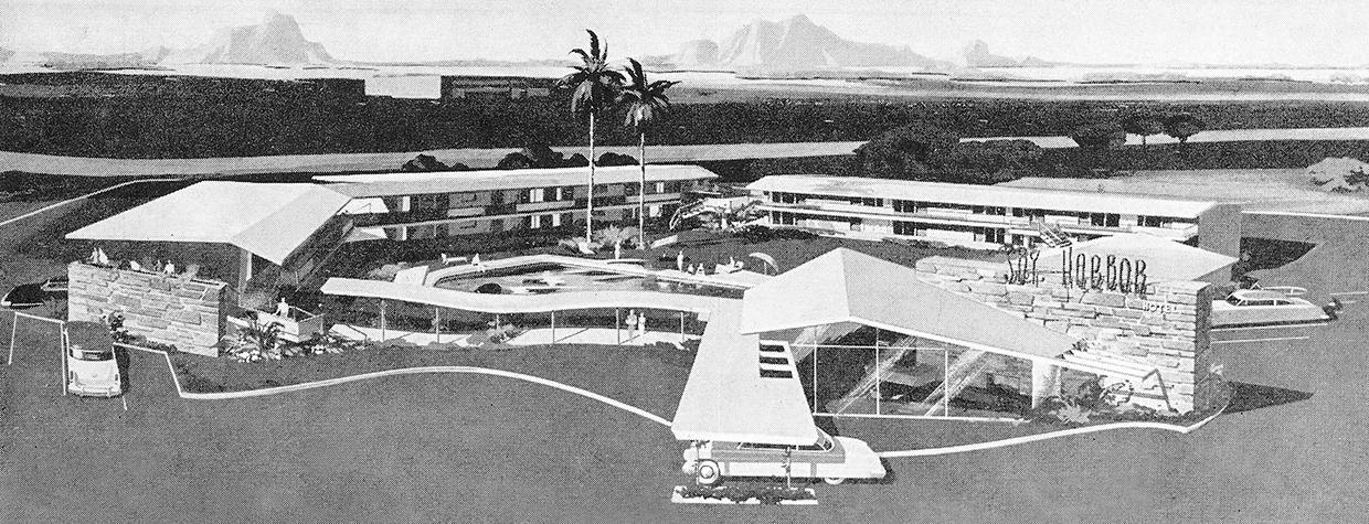 An illustration from the October 1954 issue of Arizona Highways shows the Sky Riders Hotel.