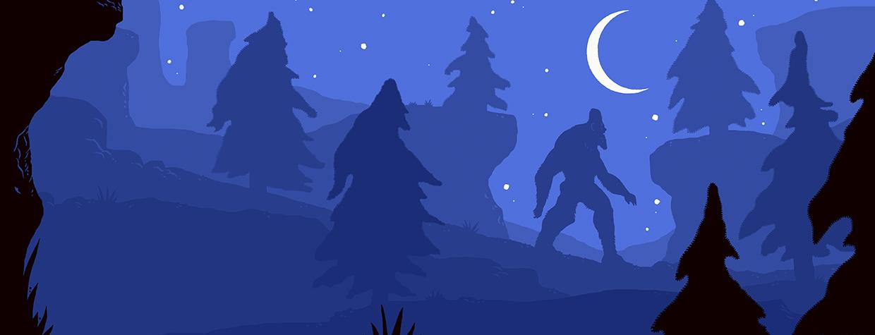 Illustration in shades of blue by Adam McCauley shows a sasquatch walking at night through trees with a similar shape to its body.