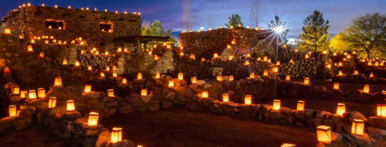 The ancient ruins of Besh Ba Gowah Archaeological Park in Globe, Arizona, glow with thousands of luminarias for the 37th Annual Festival of Lights.