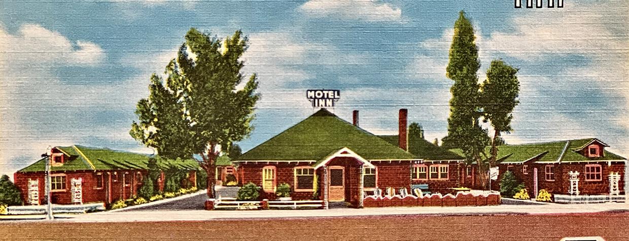 Hand-painted vintage linen postcard shows the front view of Flagstaff's Motel Du Beau. Artwork by Motel Du Beau