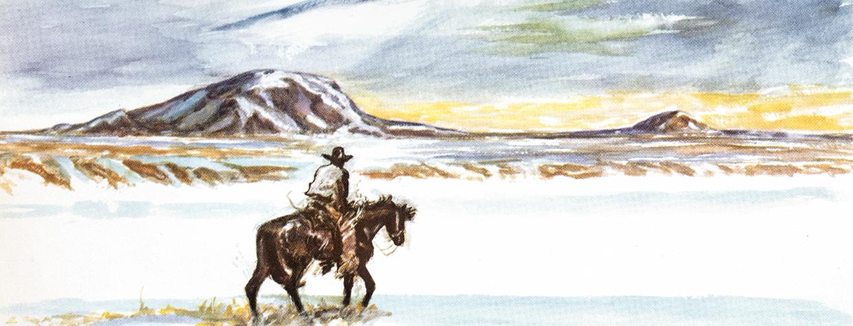 Watercolor illustration of lone cowboy riding through barren winter landscape is by Ross Santee.