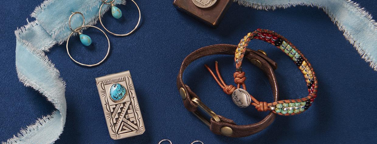 Southwestern themed gift items include earrings, a Buffalo Nickel lighter and a turquoise and silver money clip.