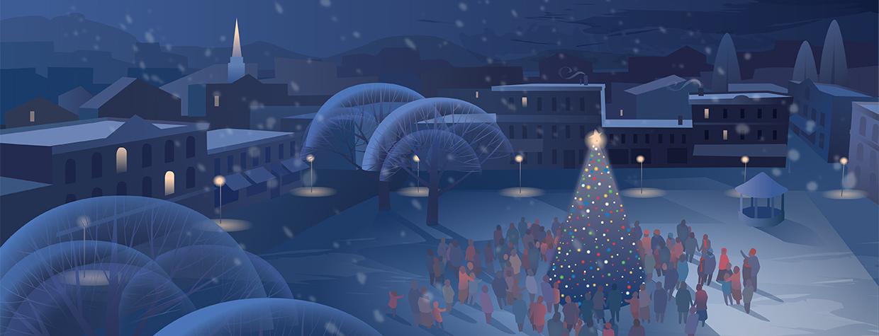 Illustration of small town setting at night with people gathered around a lit Christmas tree is by Kim Johnson.