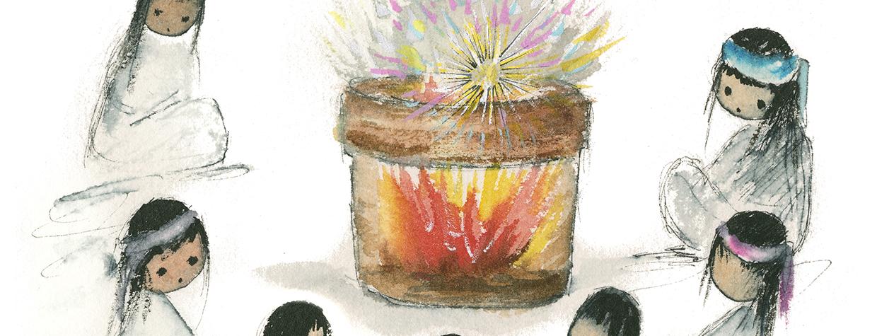 Painting of children sitting around a fire lit by an angel is by Ted DeGrazia.