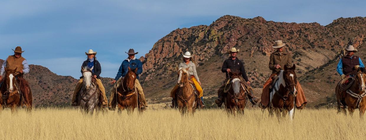 A row of horseback riders approaches through tall golden grass with a scenic mountain backdrop.