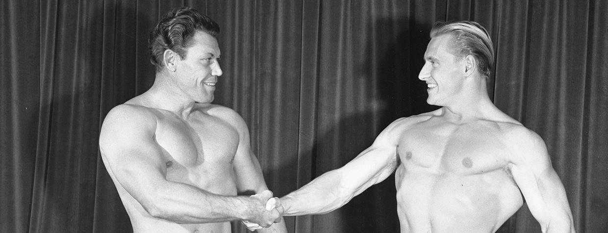 Bert Goodrich (left) greets another “Mr. America,” Alan Stephan, in Los Angeles in 1946. | UCLA CHARLES E. YOUNG RESEARCH LIBRARY