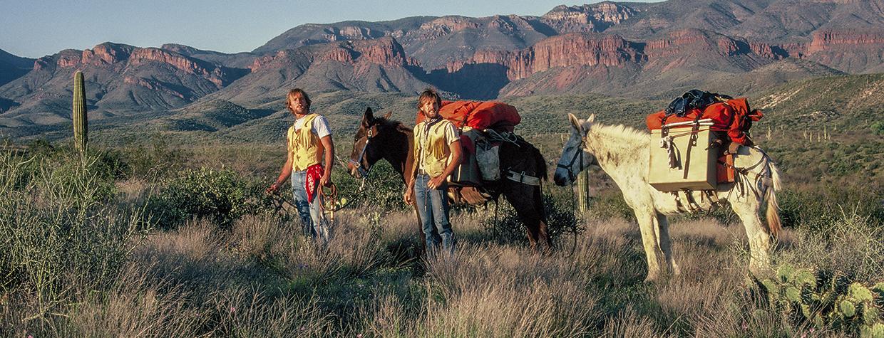 Gil (left) and Troy Gillenwater search for a suitable campsite near the  Sierra Ancha during their 1982 trek across Arizona. With them are Judy (left) and Grandma, their pack mules for most of  the 810-mile journey. By Gil and Troy Gillenwater