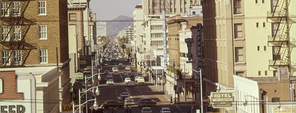 Much of Herb and Dorothy McLaughlin’s photography documented the rapid growth of the Phoenix area in the mid-20th century. This photo shows downtown Phoenix’s Central Avenue, looking north toward North Mountain. By Herb and Dorothy McLaughlin