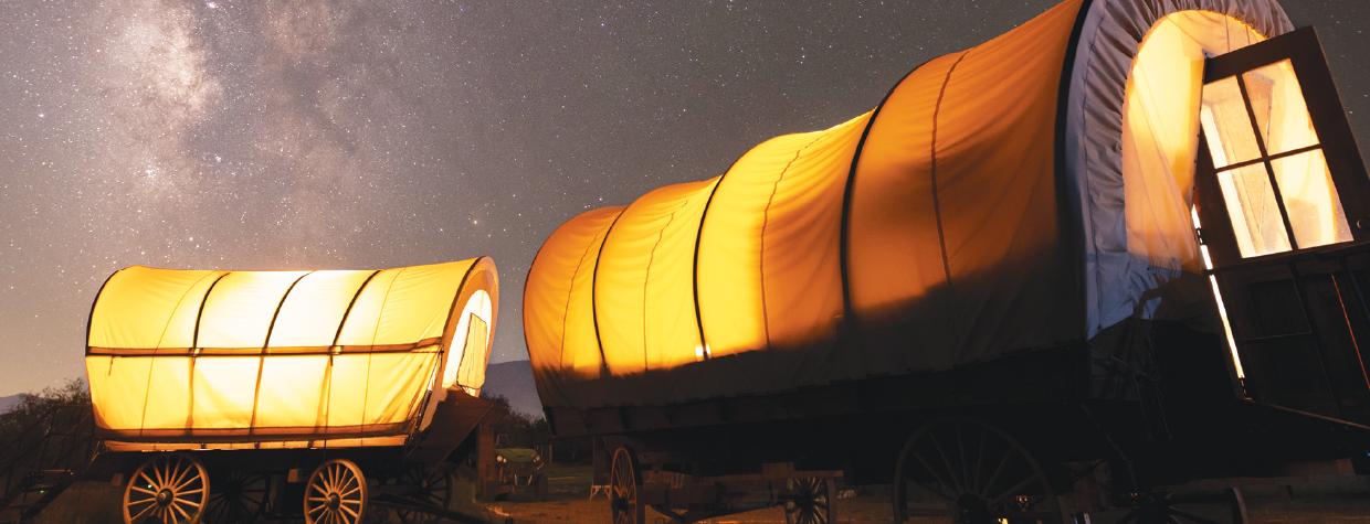 A warm glow illuminates the inside of covered wagons near Cottonwood under the Milky Way