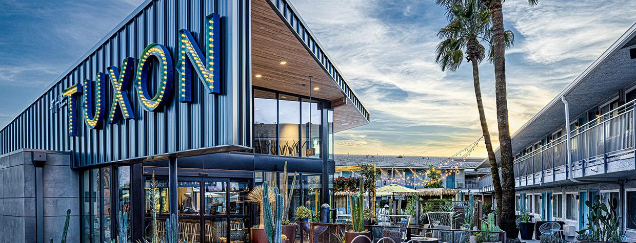 Photograph of The Tuxon Hotel entrance is by Steven Meckler.