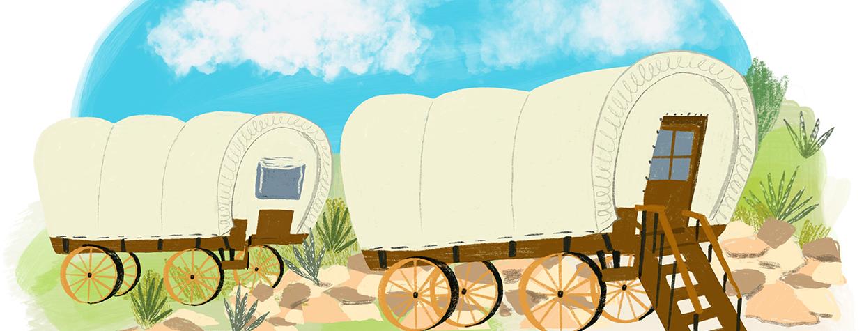 Covered wagon camping illustration by Patti Blau