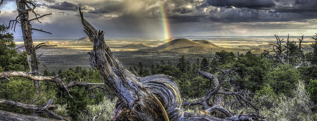 The volcanic landscape of Maroon Crater and the approaching evening light are punctuated by a bright rainbow. By Bernhard Michaelis