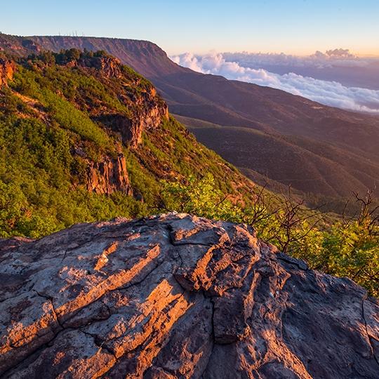 Morning light hits the eastern slopes of Mingus Mountain as fog lingers in the Verde Valley below. | Joel Hazelton