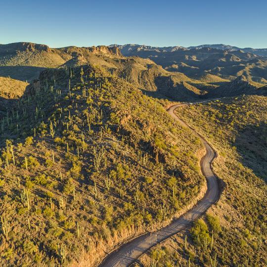 Above Castle Hot Springs Road, saguaros cast long shadows on the slopes of the Hieroglyphic Mountains. By Laurence Parent