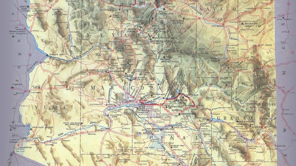 Among George Avey’s countless contributions to Arizona Highways was this map, which appeared in our December 1946 issue. |  Arizona Highways Archives