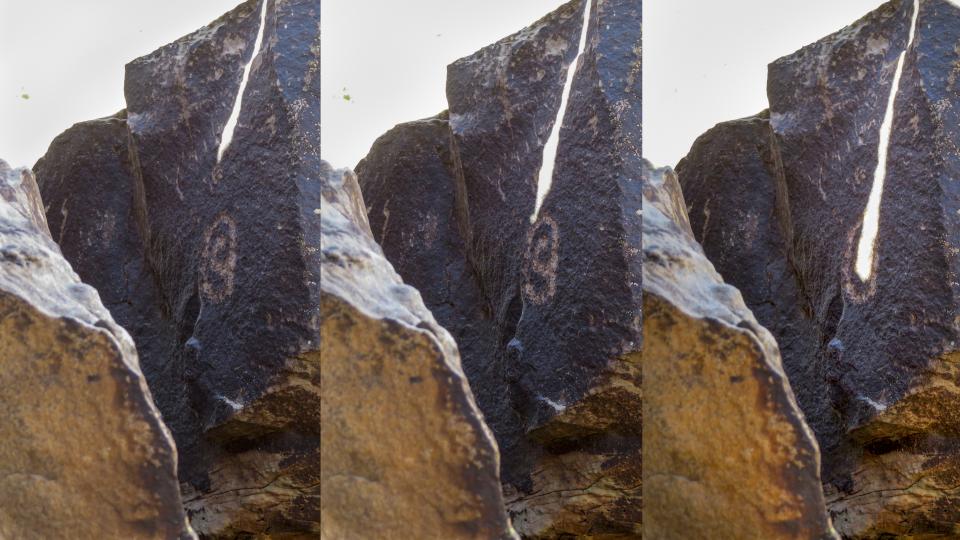 This sequence of photos shows how a sliver of sunlight interacts with a petroglyph at Puerco Pueblo, part of Petrified Forest National Park, during the summer solstice. There are numerous such solstice markers in the park. Photos courtesy National Park Service