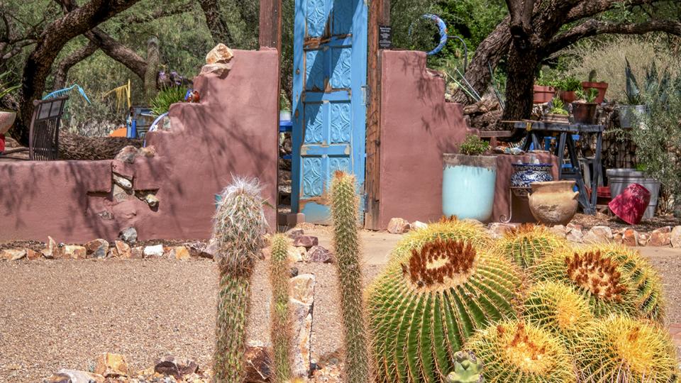 A cactus garden and colorful ceremic pots near a Southwest style fence and gate adorn the grounds of Desert Meadow Park. By Norma Jean Gargasz