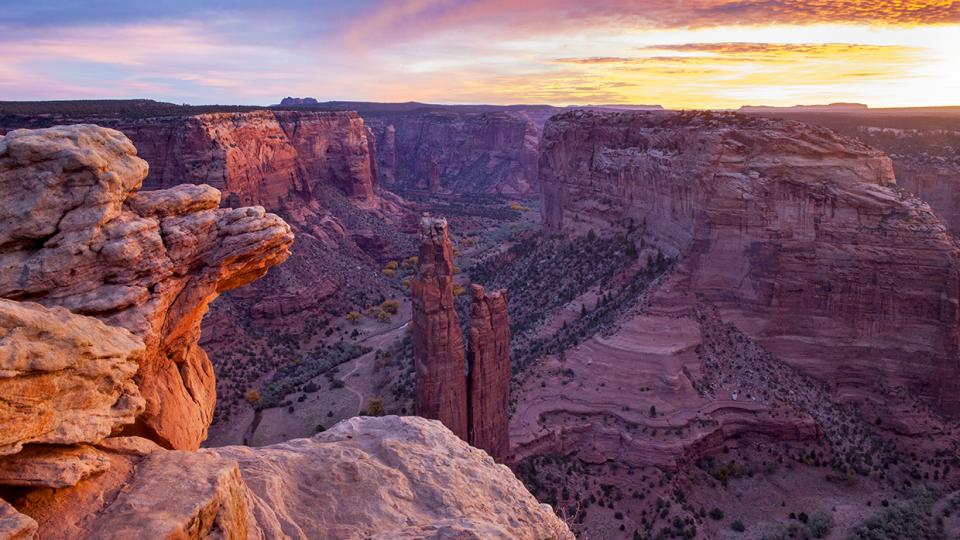 Photograph of Spider Rock in Canyon de Chelly at sunset is by Phillip Noll.
