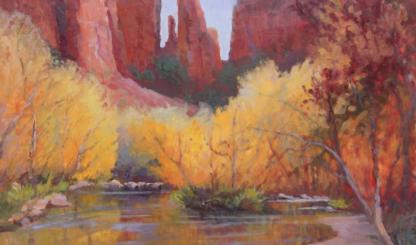 A painting of Cathedral Rock reflected in water