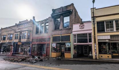 Burned buildings on Tombstone Canyon in Bisbee after a February 2024 fire