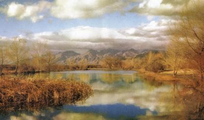 This painterly photograph by Esther Henderson shows autumn foliage and cloudy blue skies reflected in a lake with mountains in the background..