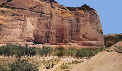 An imposing cliff at Canyon de Chelly dwarfs an equine-drawn wagon at the bottom of the canyon. According to  the National Park Service, about 40 Navajo families still live at Canyon de Chelly National Monument. By Darwin Van Campen
