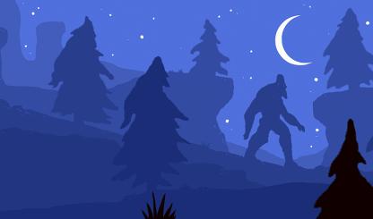 Illustration in shades of blue by Adam McCauley shows a sasquatch walking at night through trees with a similar shape to its body.