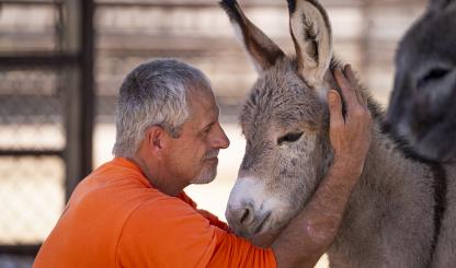 Joel H. works to build trust with Aries, a 1-month-old burro. | David Wallace
