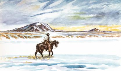 Watercolor illustration of lone cowboy riding through barren winter landscape is by Ross Santee.