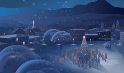 Illustration of small town setting at night with people gathered around a lit Christmas tree is by Kim Johnson.