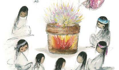 Painting of children sitting around a fire lit by an angel is by Ted DeGrazia.