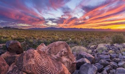 A rock featuring spiral rock art is in the foreground of this photograph, with desert scrub in the middle ground and mountains and an orange, purple and red sunset in the background. 
