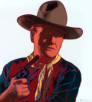 A graphic image shows Andy Warhol's screenprint of John Wayne