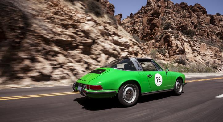A vintage sports car on an Arizona road. 