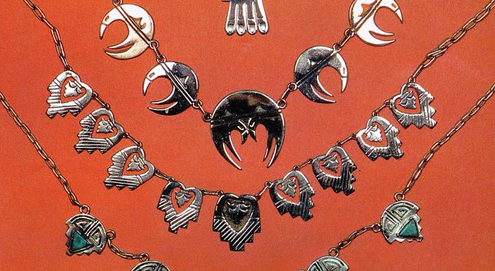 These silver necklaces, some of them accented with turquoise, were created by members of the Hopi Silvercraft Cooperative Guild. | Thomas A. Donohoe