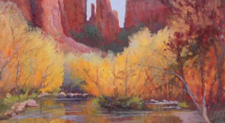 A painting of Cathedral Rock reflected in water