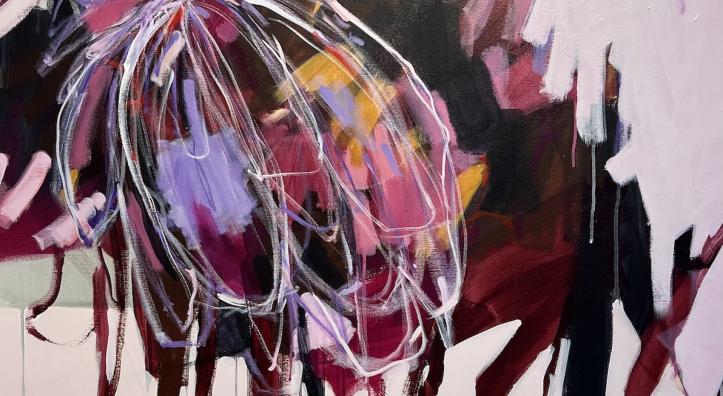 An abstract painting shows a flower in colors of purple, mauve and burgundy. 