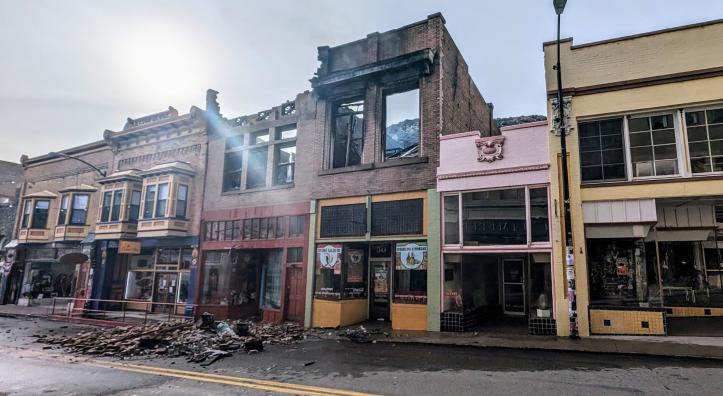 Burned buildings on Tombstone Canyon in Bisbee after a February 2024 fire