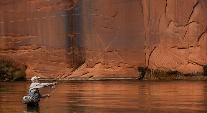 Dave Foster casts up and across the Colorado River at Long Bar. Photograph by Scott Baxter.