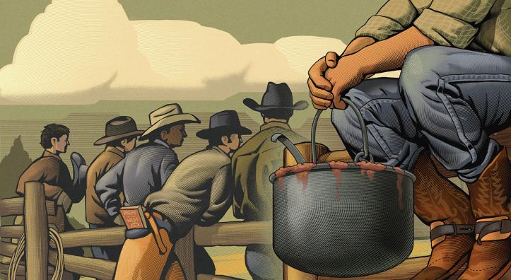 Illustration by Chris Gall of cowboys leaning over corral fence with pot of beans in the foreground..
