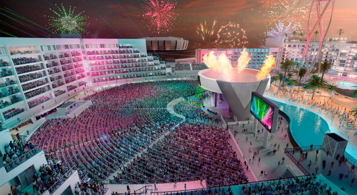 A brightly colored rendering depicts a massive amphitheater with a flame pit, fireworks and bright lights