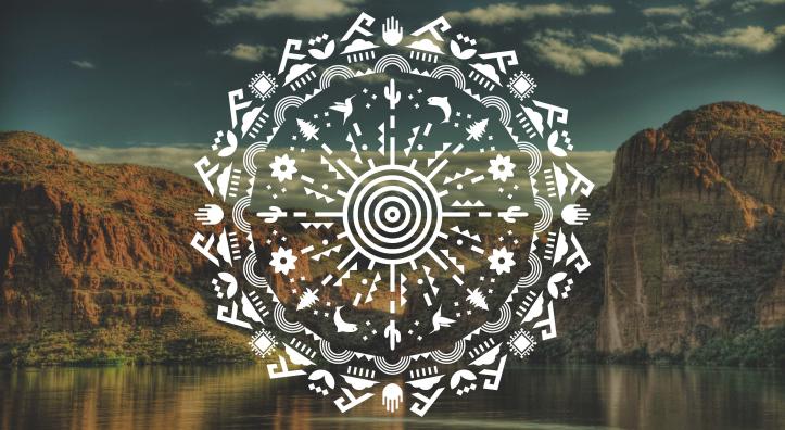 A white image that incorporates native imagery appears against a background of sky, water and mountains. 