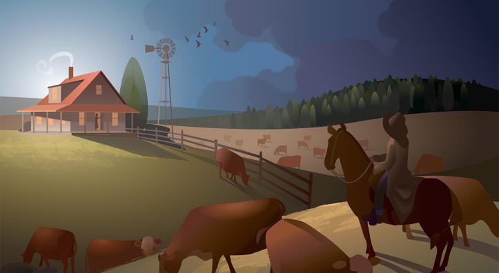 Illustration of mounted cowboy looking over herd toward ranch house as storm clouds roll in. By Kim Johnson