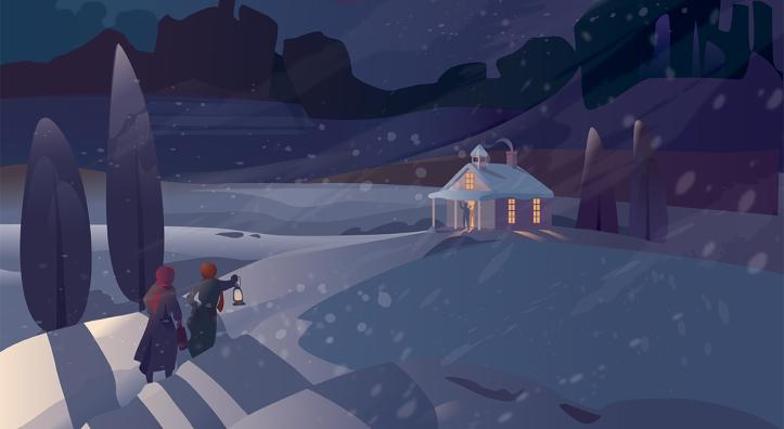 Two women make their way through a snowstorm at night to a warmly lit cabin. Illustration by Kim Johnson