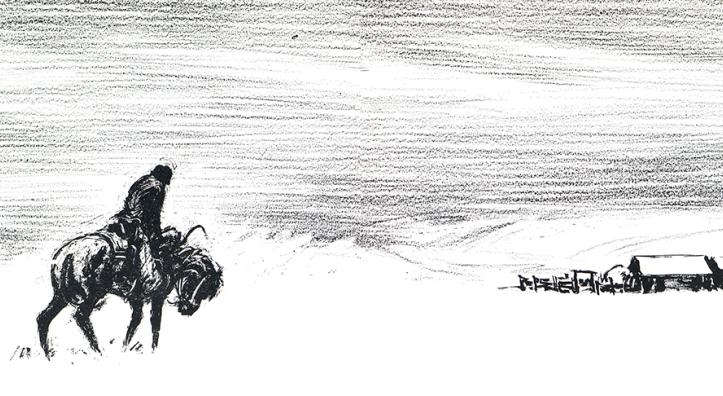Black and white illustration by Ross Santee of lone horseback rider heading toward a distant ranch in a snowy, desolate landscape.