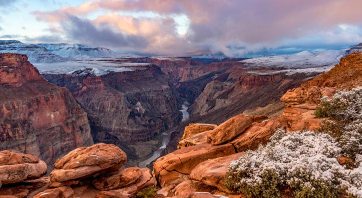 A dusting of snow covers the upper reaches of the Grand Canyon in a view from Toroweap Overlook, accessible via a long, rough dirt road on the North Rim. By Rich Rudow
