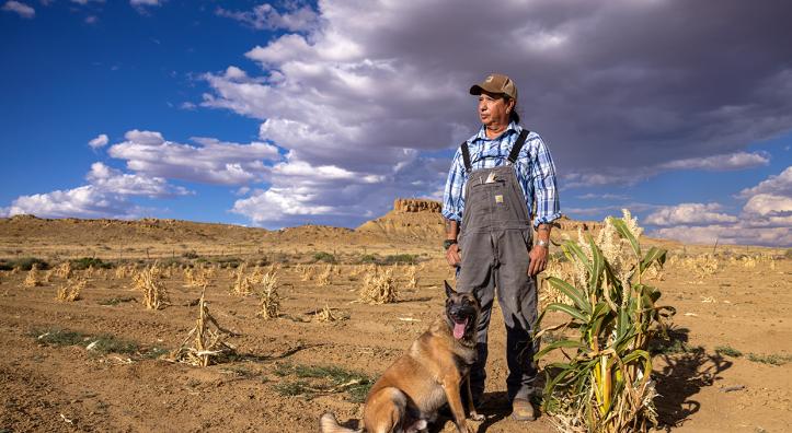 Michael Kotutwa Johnson, a Hopi farmer, and his dog gaze out over farmland in Northeastern Arizona.