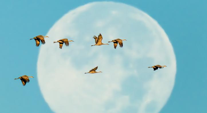 Sunrise illuminates a group of seven cranes as they fly in front of the full moon. By Jack Dykinga