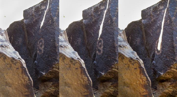 This sequence of photos shows how a sliver of sunlight interacts with a petroglyph at Puerco Pueblo, part of Petrified Forest National Park, during the summer solstice. There are numerous such solstice markers in the park. Photos courtesy National Park Service