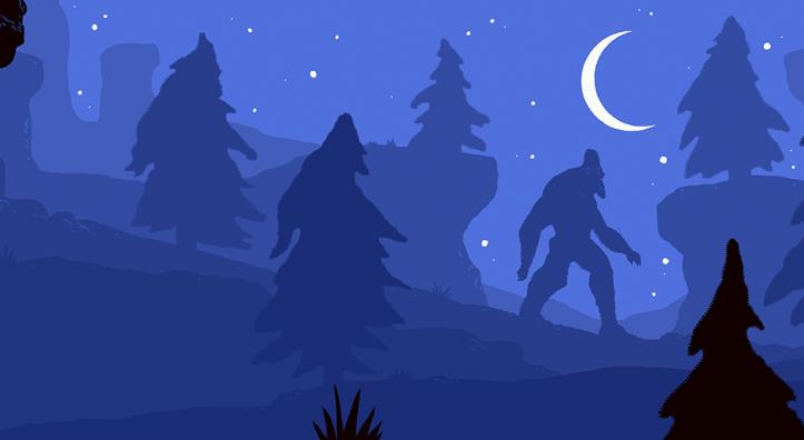 Illustration in shades of blue by Adam McCauley shows a sasquatch walking at night through trees with a similar shape to its body.